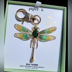 PIPER K Dragonfly Gold Hand-Painted with CZ Articulated Wings Bag Charm  NEW NWT